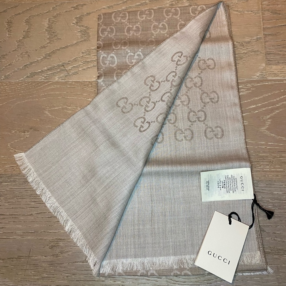 RESERVED DONT BUY!!!Logo Monogrammed Wool /Silk Blend Brown/ Tan Scarf.